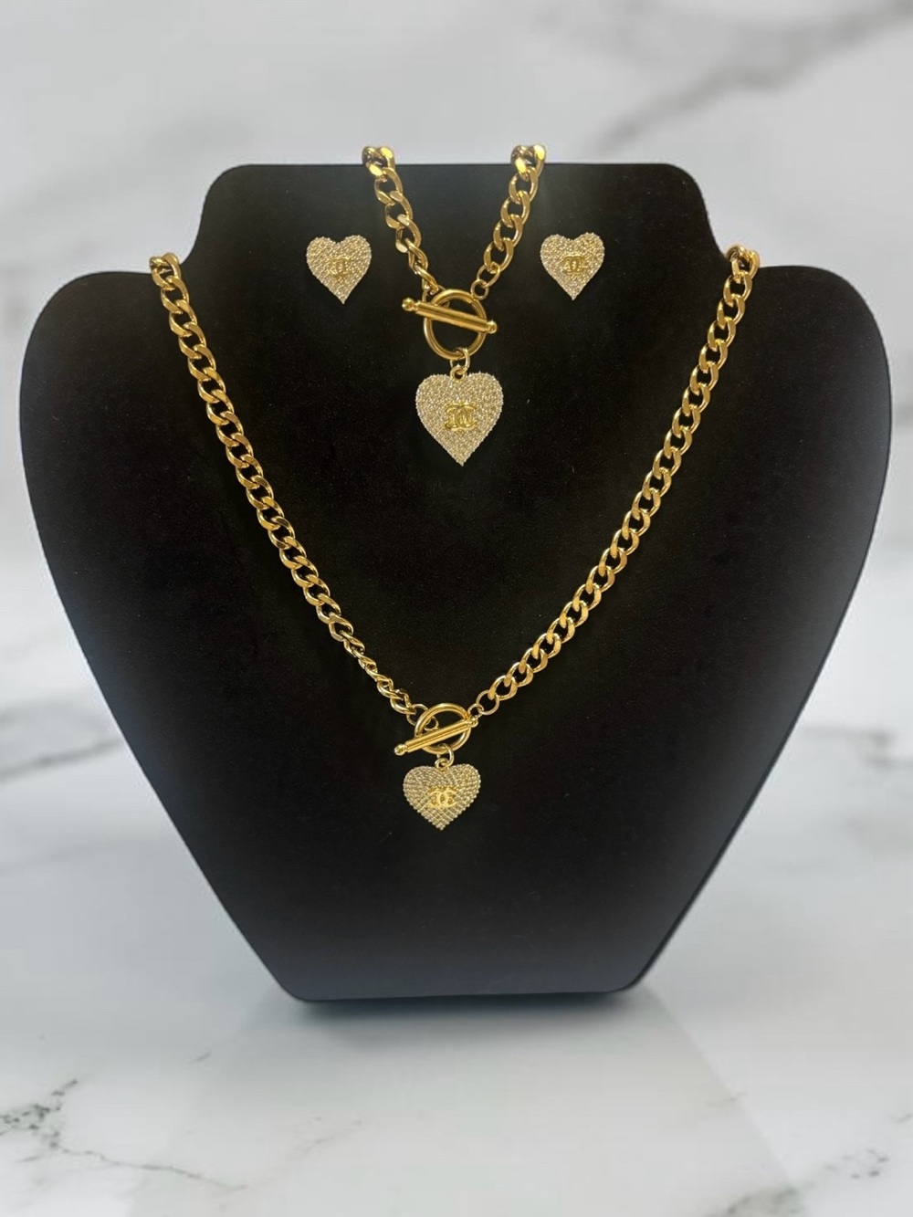 Gold Heart Pendant Necklace, Bracelet and Earring Set